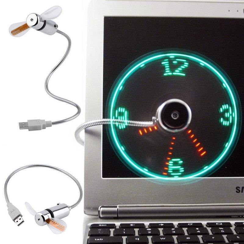 Gadgets portáteis com ventilador LED relógio USB