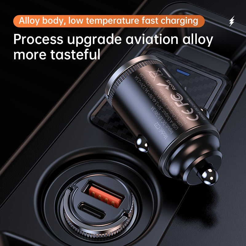 27W USB C Car Charger Quick Charge QC 3.0 Mini Alloy Fast Charging Car Charger Alloy Flush Fit Pull Ring