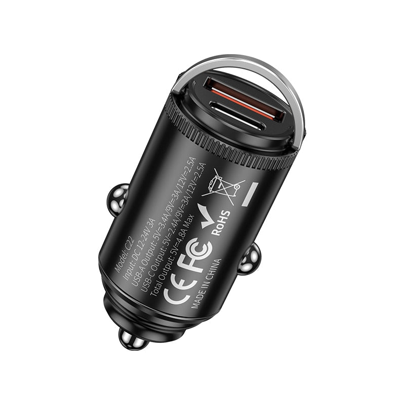 27W USB C Car Charger Quick Charge QC 3.0 Mini Alloy Fast Charging Car Charger Alloy Flush Fit Pull Ring