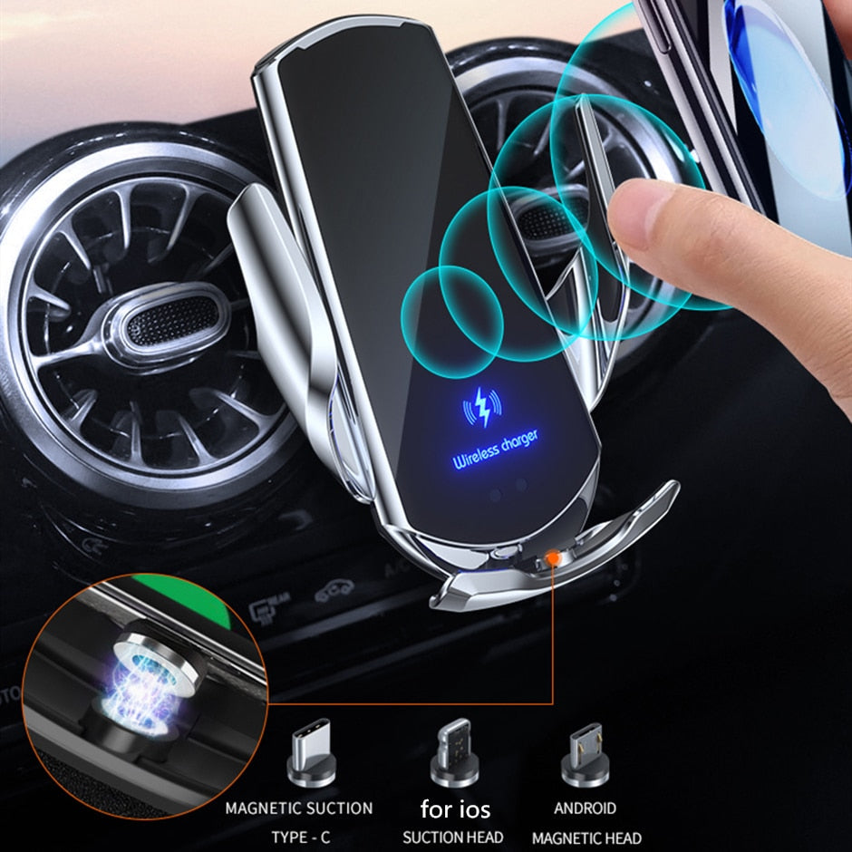 Cargador inalámbrico automático para coche de 15 W, sensor infrarrojo USB magnético, soporte para teléfono